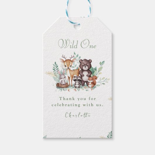 フォレストフレンズの最初の誕生日感謝していあなたのラベル ギフトタグ (正面)