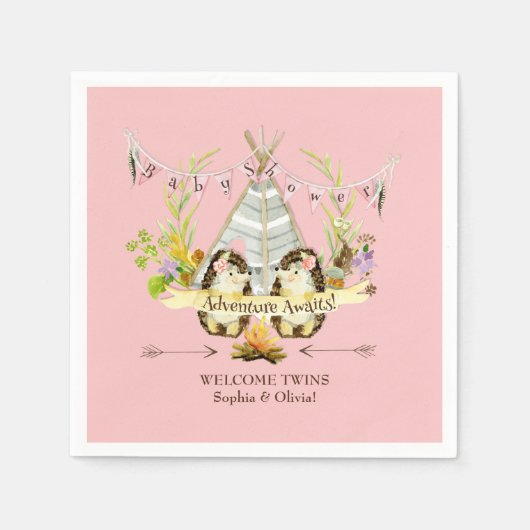 フォレストヘッジホーグツイン女の子ボホベイビーシャワーピンク スタンダードカクテルナプキン (正面)