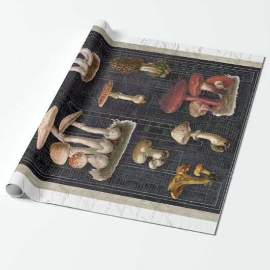 フォレストマッシュルームコテージエフェメラブラックデクページ ラッピングペーパー (アンロールド)