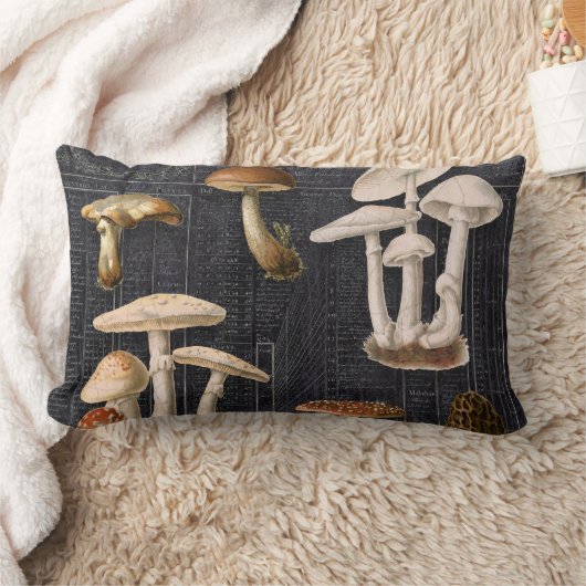 フォレストマッシュルームコテージブラックヴィンテージエフェメラ ランバークッション (ブランケット)