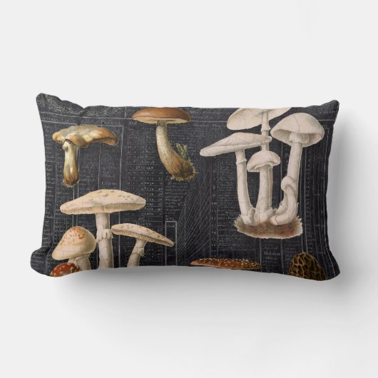 フォレストマッシュルームコテージブラックヴィンテージエフェメラ ランバークッション (正面)