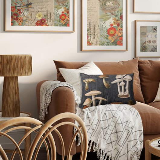 フォレストマッシュルームコテージブラックヴィンテージエフェメラ ランバークッション