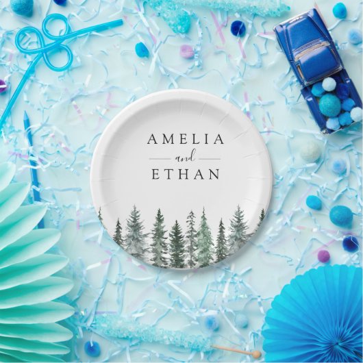 フォレスト ウィンター ウォーターカラー ウェディング ペーパープレート (パーティー)