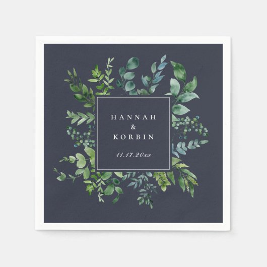 フォレスト フォリアージ フレーム ネイビーブルー スタンダードカクテルナプキン (正面)