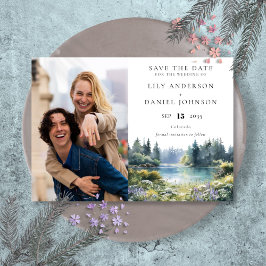 フォレスト+レイクサイド+ワイルドフラワーズ+フラワー写真の結婚式 セーブザデート