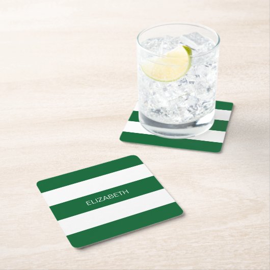 フォレストGr Wht Horiz名門私立校風のストライプ#3名前モノグラム スクエアペーパーコースター (インサイチュ)