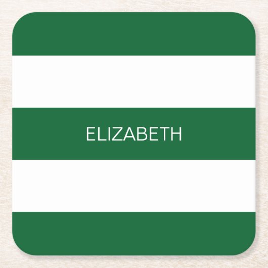 フォレストGr Wht Horiz名門私立校風のストライプ#3名前モノグラム スクエアペーパーコースター (正面)