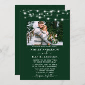 フォレモダンストグリーンストリングライトフォトズ結婚ーズ 招待状 (正面/裏面)