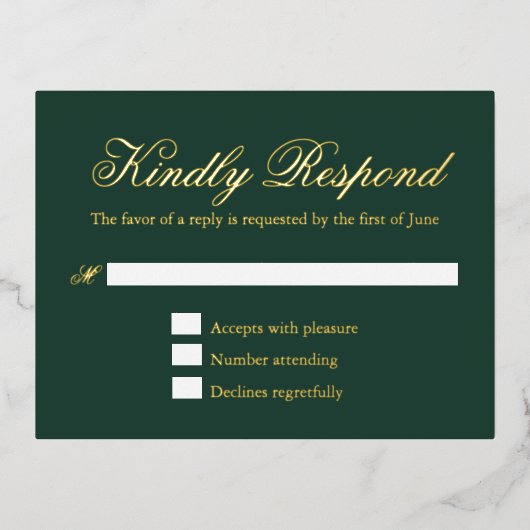 フォレ伝統的ス結婚グリーンフォイルRSVPカード 箔招待状ポストカード (正面)