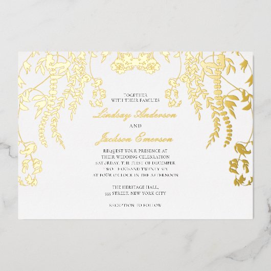 フォレ素朴スエレガント結婚シンプルの金の箔 箔招待状 (正面)