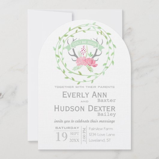 フォレ素朴ストガーランドディアアントラー結婚ズ 招待状 (正面)