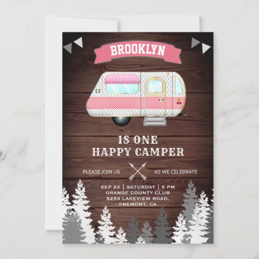 フォレ素朴ストワンハッピーキャンパー1歳の誕生日パーティー 招待状 (正面)