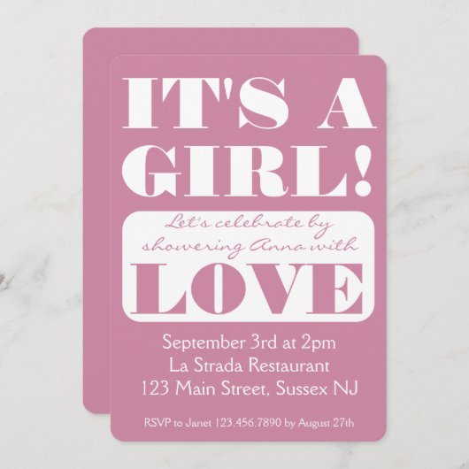 フォントはっきりしたは女の子だ!赤ちゃんシャワー招待 招待状 (正面/裏面)