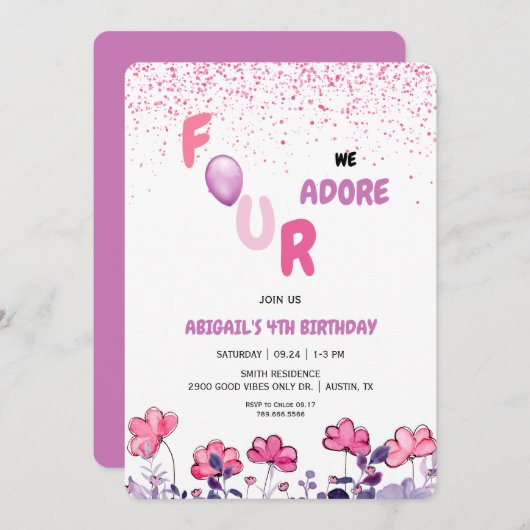 フォーウィアドレグリッター4thピンクの誕生日パーティー 招待状 (正面/裏面)