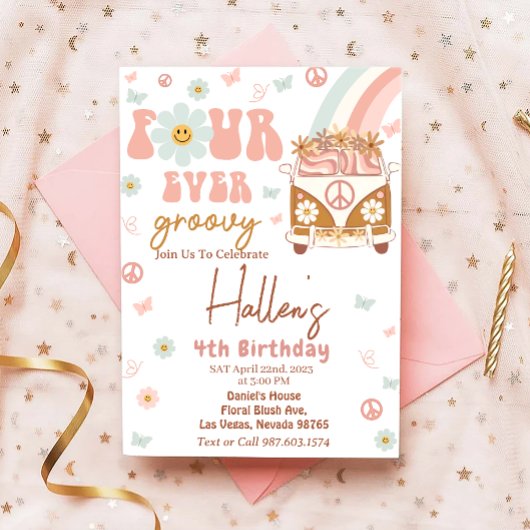 フォーエバーグルービーレトロレインボー4th誕生日パーティー 招待状