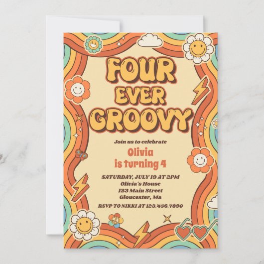 フォーエバーグルービーレトロレインボー4th誕生日 招待状 (正面)