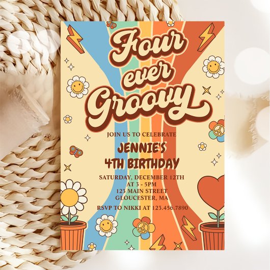 フォーエバーグルービーレトロレインボー4th誕生日 招待状