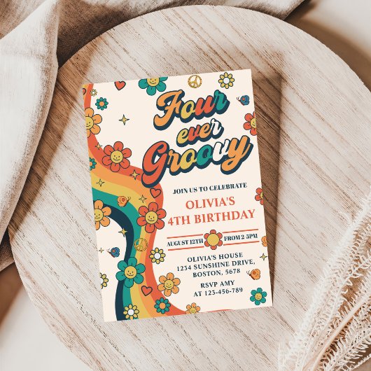 フォーエバーグルービーレトロレインボー4th誕生日 招待状