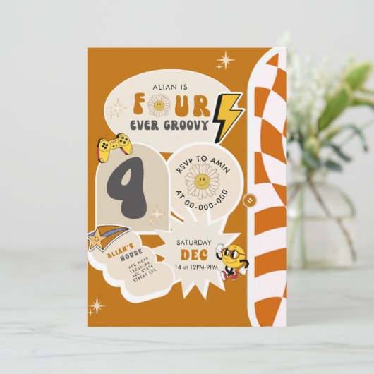 フォーエバーグルーヴィー第4レトロ市松模様に誕生日 招待状 (スタンド正面)