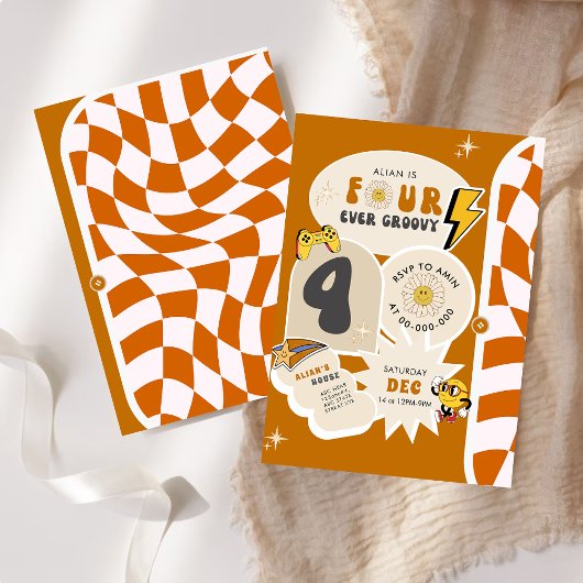 フォーエバーグルーヴィー第4レトロ市松模様に誕生日 招待状