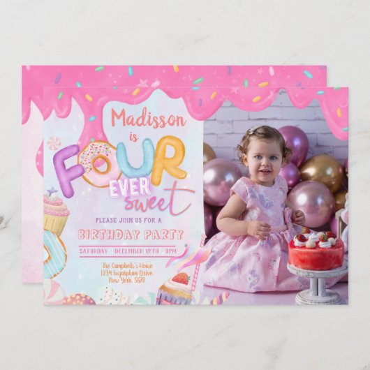 フォーエバースイートガール 4歳誕生日パーティー招待状 招待状 (正面/裏面)