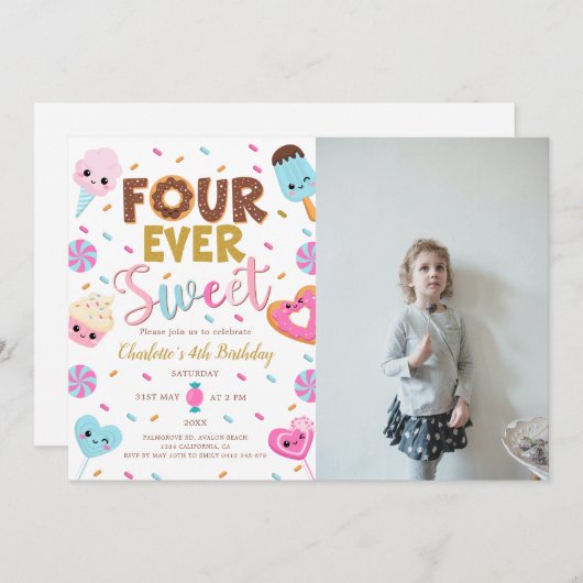 フォーエバースイートフォト誕生日ドーナツ4th誕生日 招待状 (正面/裏面)