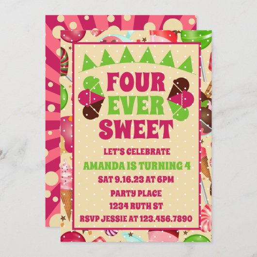 フォーエバースウィートアイスクリーム4th誕生日パーティー 招待状 (正面/裏面)