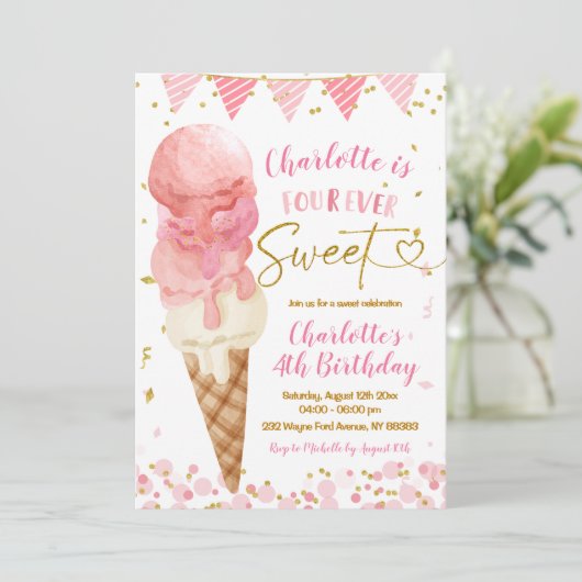 フォーエバースウィートピンクアイスクリーム第4誕生日 招待状 (スタンド正面)