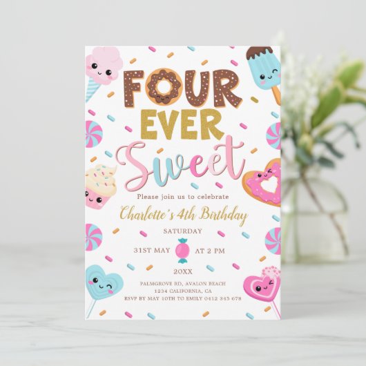 フォーエバースウィート誕生日ドナットキャンディ4th誕生日 招待状 (スタンド正面)