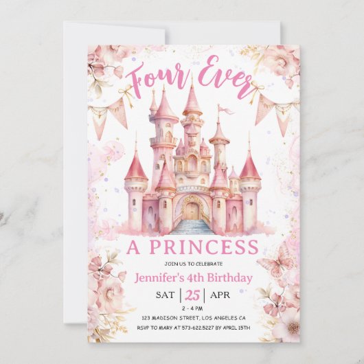 フォーエバープリンセスピンクガール4th誕生日パーティー 招待状 (正面)