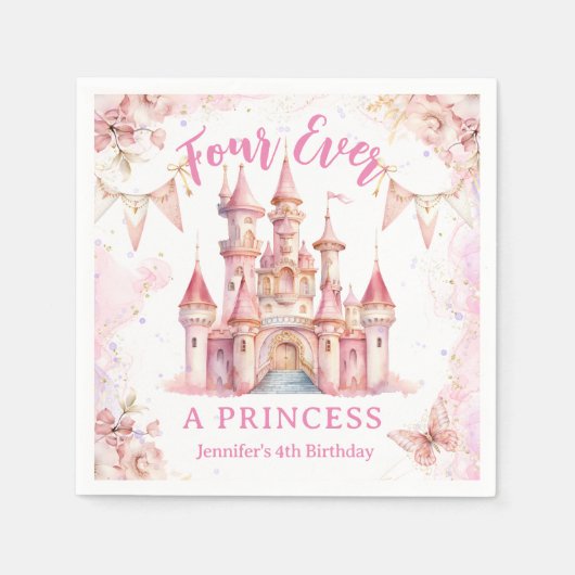 フォーエバープリンセスピンクキャッスルガール4th誕生日 スタンダードカクテルナプキン (正面)