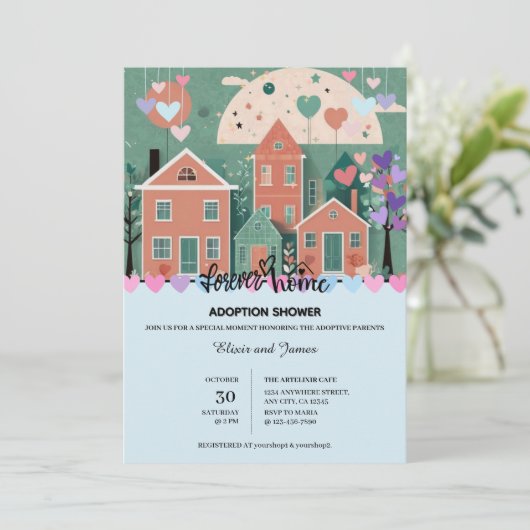フォーエバーホームパステルハート養子縁組フォスターシャワー 招待状 (スタンド正面)