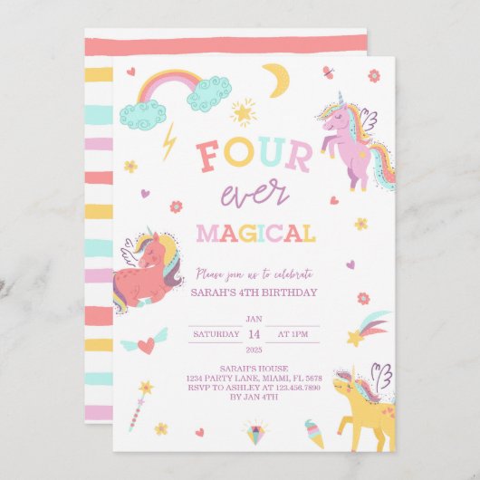 フォーエバーマジカルユニコーン4歳の誕生日 招待状 (正面/裏面)
