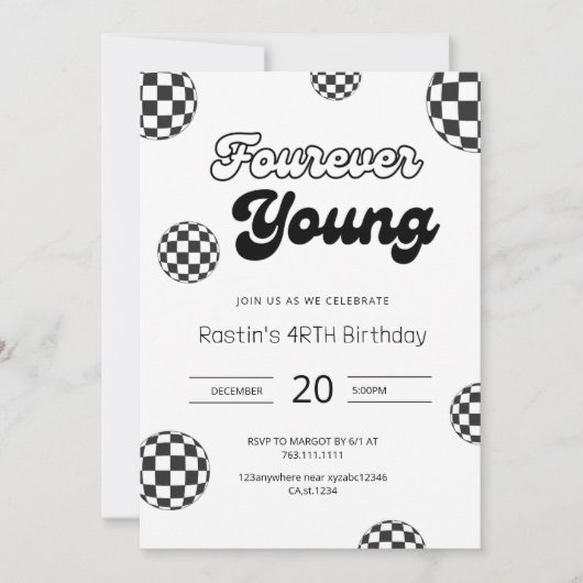 フォーエバーヤングブラックレトロボーイズ4歳の誕生日 招待状 (正面)