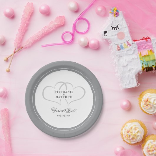 フォーエバーラブエレガントウェディングハートグレイ&ホワイト ペーパープレート (パーティー)