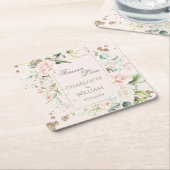 フォーエバーラブ赤面水彩フローラ日付結婚の スクエアペーパーコースター (アングル)