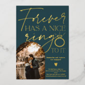 フォーエバーリング写真アーチ暗いティール（緑がかった色）婚約 箔招待状 (正面)