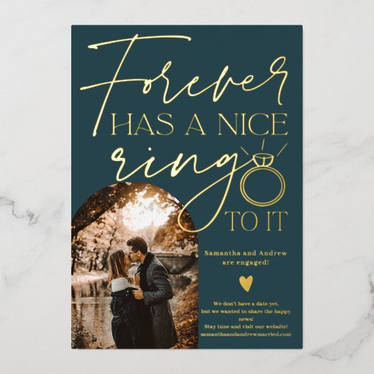 フォーエバーリング写真アーチ暗いティール（緑がかった色）婚約 箔招待状 (正面)