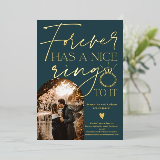 フォーエバーリング写真アーチ暗いティール（緑がかった色）婚約 箔招待状 (立ち正面)