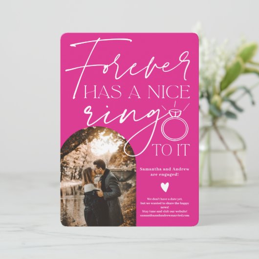フォーエバーリング写真アーチ熱ピンク婚約 案内状 (スタンド正面)