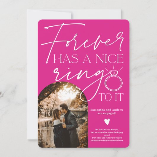 フォーエバーリング写真アーチ熱ピンク婚約 案内状 (正面)