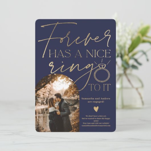 フォーエバーリング写真アーチ金ゴールドネイビーブルー婚約 案内状 (スタンド正面)