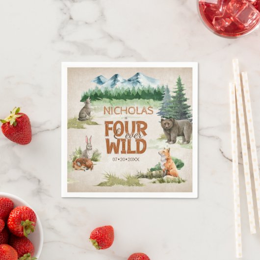 フォーエバーワイルドウッドランドアニマル4th誕生日パーティー スタンダードカクテルナプキン (インサイチュ)
