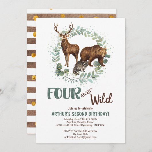 フォーエバーワイルドウッドランド誕生日招待状ボーイズ 案内状 (正面/裏面)