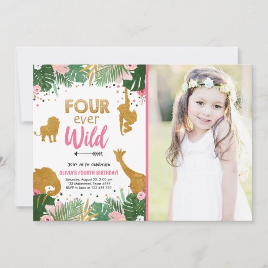 フォーエバーワイルドサファリアニマルズガール誕生日 招待状 (正面)