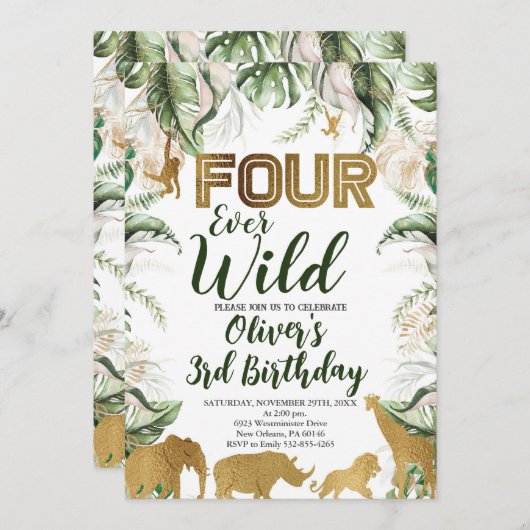 フォーエバーワイルドサファリアニマル誕生日サファリ 招待状 (正面/裏面)
