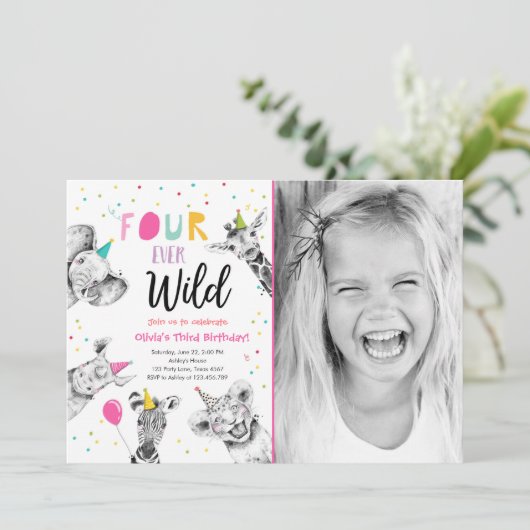 フォーエバーワイルドサファリパーティーアニマルガール誕生日 招待状 (スタンド正面)