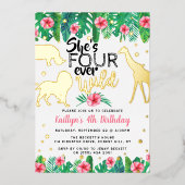 フォーエバーワイルドジャングルサファリガールズ4歳の誕生日 箔招待状 (正面)