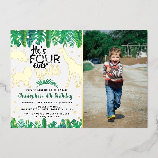 フォーエバーワイルドジャングルボーイズ4th誕生日の写真 箔招待状 (正面)