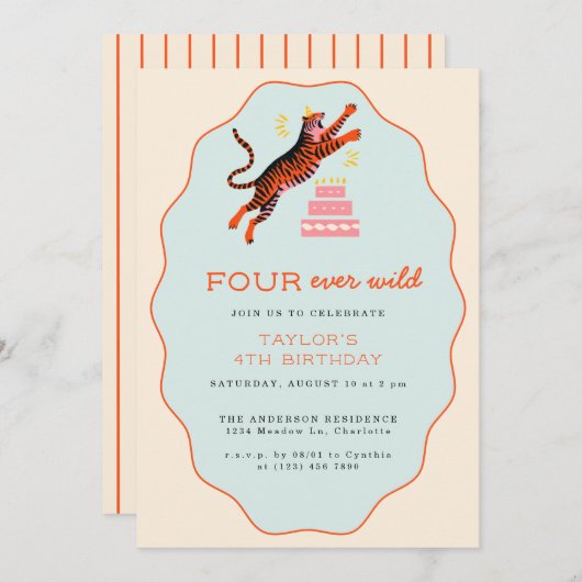フォーエバーワイルドタイガーキッズ4歳の誕生日 招待状 (正面/裏面)